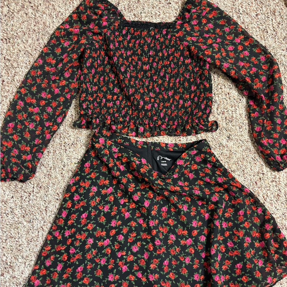 Rose print black & red Top and Skirt Set